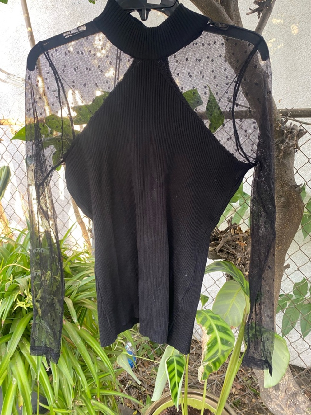 Almost Famous Black Ribbed Top with Sheer Lace Details